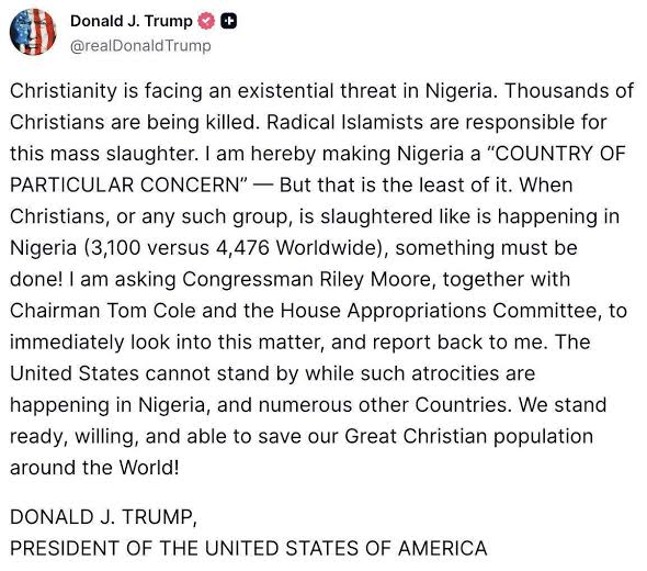 Trump Declares Nigeria ‘Country Of Particular Concern’ Over Christian Genocide