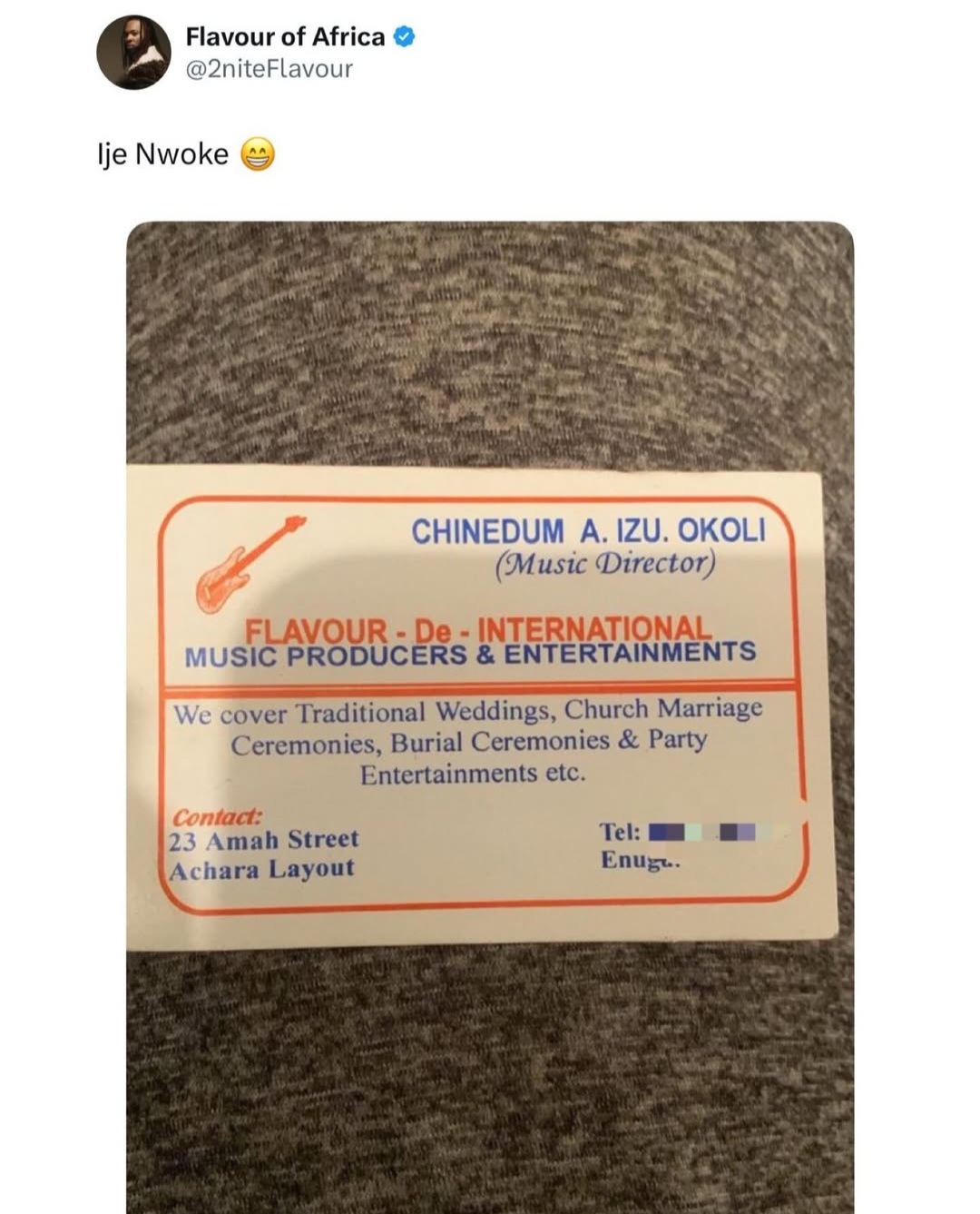 Singer Flavour Shares Business Card Showing His Previous Job Before Becoming A Star