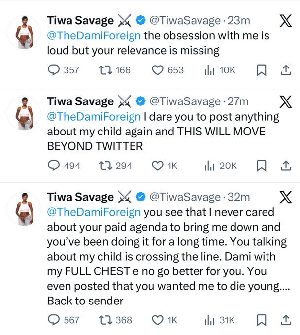 Tiwa Savage Threatens Influencer Dami For Dragging Her Son Into Online Feud 2 Tiwa Savage Threatens Influencer Dami For Dragging Her Son Into Online Feud