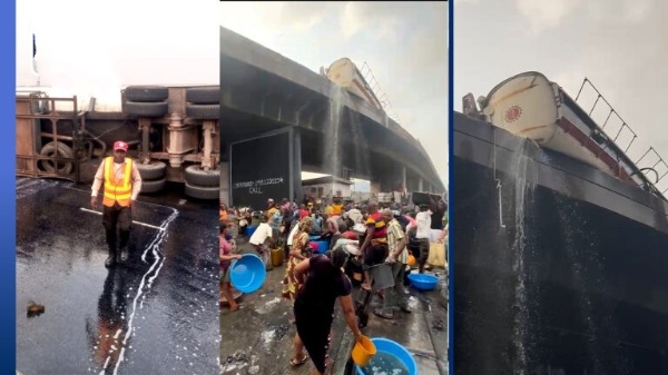 Residents Scoop Fuel As Tanker Overturns On Lagos Bridge [Video]