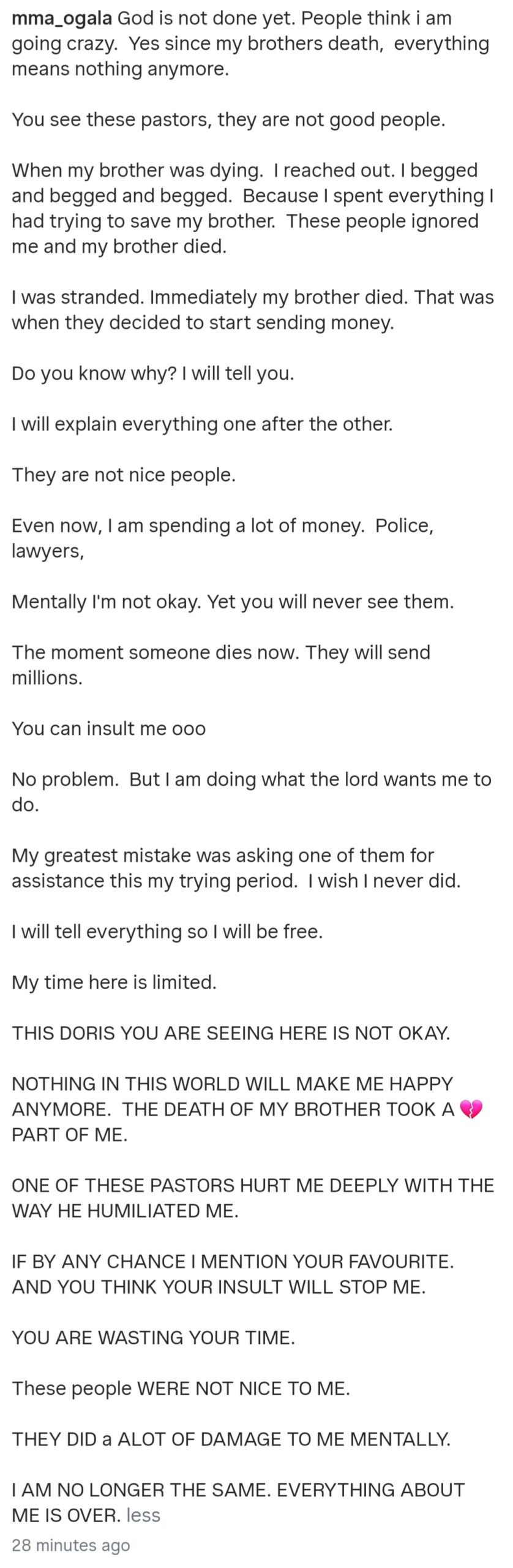 Doris Ogala Calls Out Four Pastors Who Gave Her Money, Says "They're Not Good People"