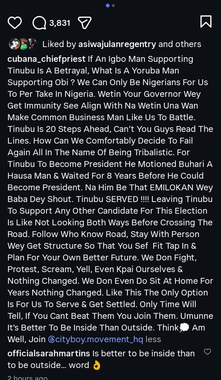 “If Igbo Man Supporting Tinubu Is Betrayal, What's Yoruba Man Supporting Peter Obi?” – Cubana Chief Priest Asks 2 “If Igbo Man Supporting Tinubu Is Betrayal, What's Yoruba Man Supporting Peter Obi?” – Cubana Chief Priest Asks