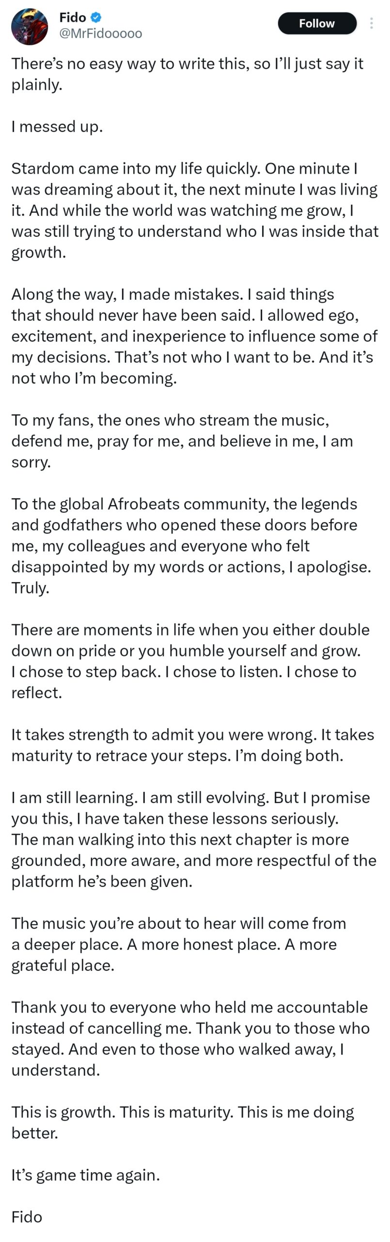 Fido Apologizes For Disrespecting Davido And Others, Promises To Act Better 