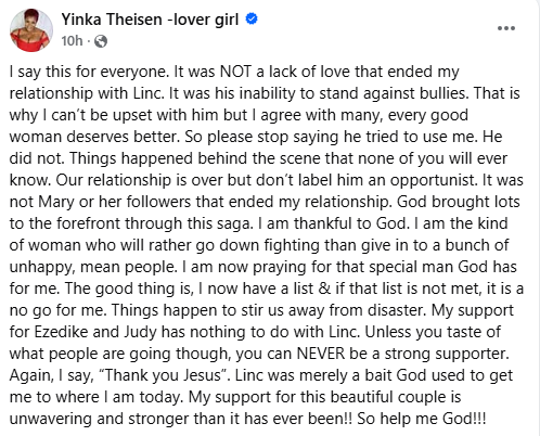 My Relationship With Linc Edochie Ended Because He Wouldn’t Stand Up To Bullies - Yinka Theisen 1