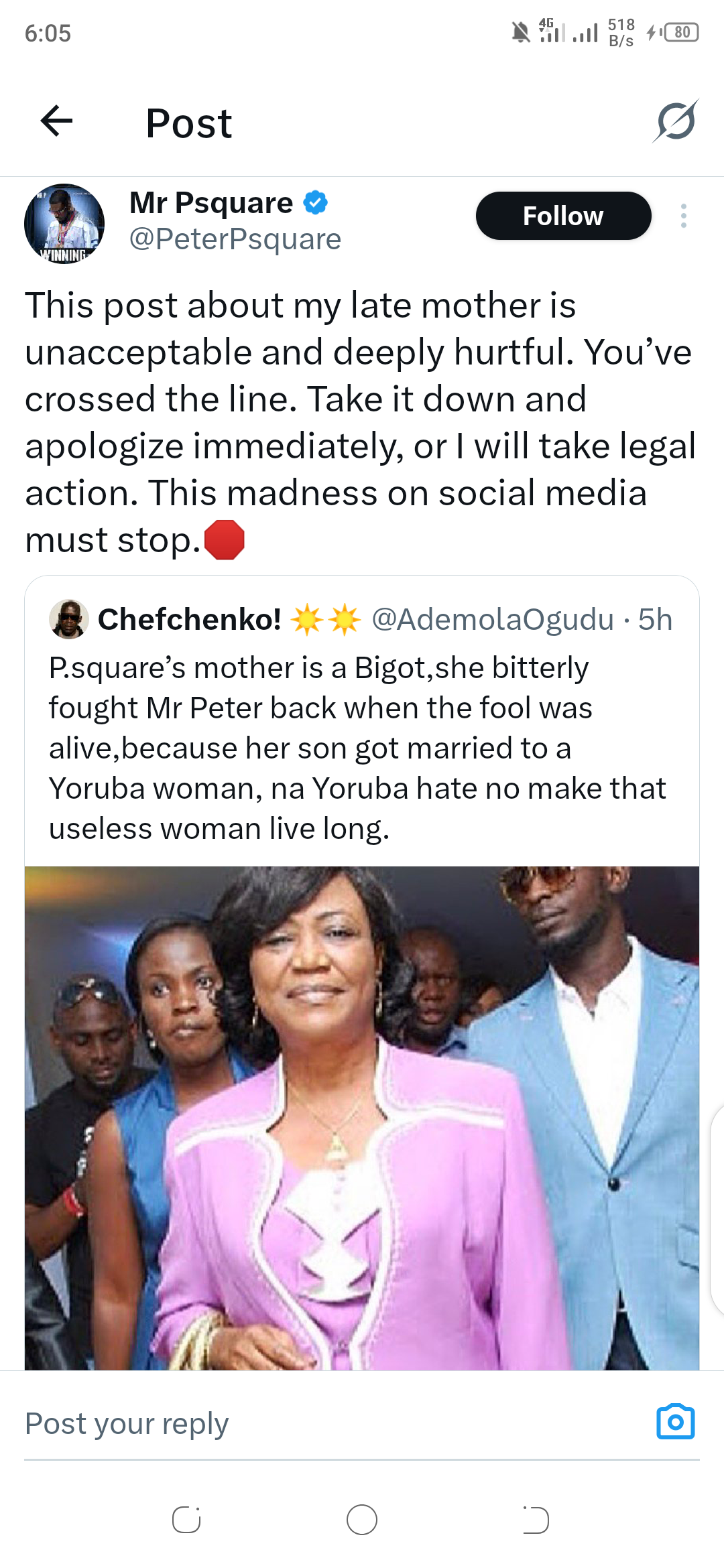 Peter Okoye Threatens Legal Action Over Offensive Post About Late Mother 1
