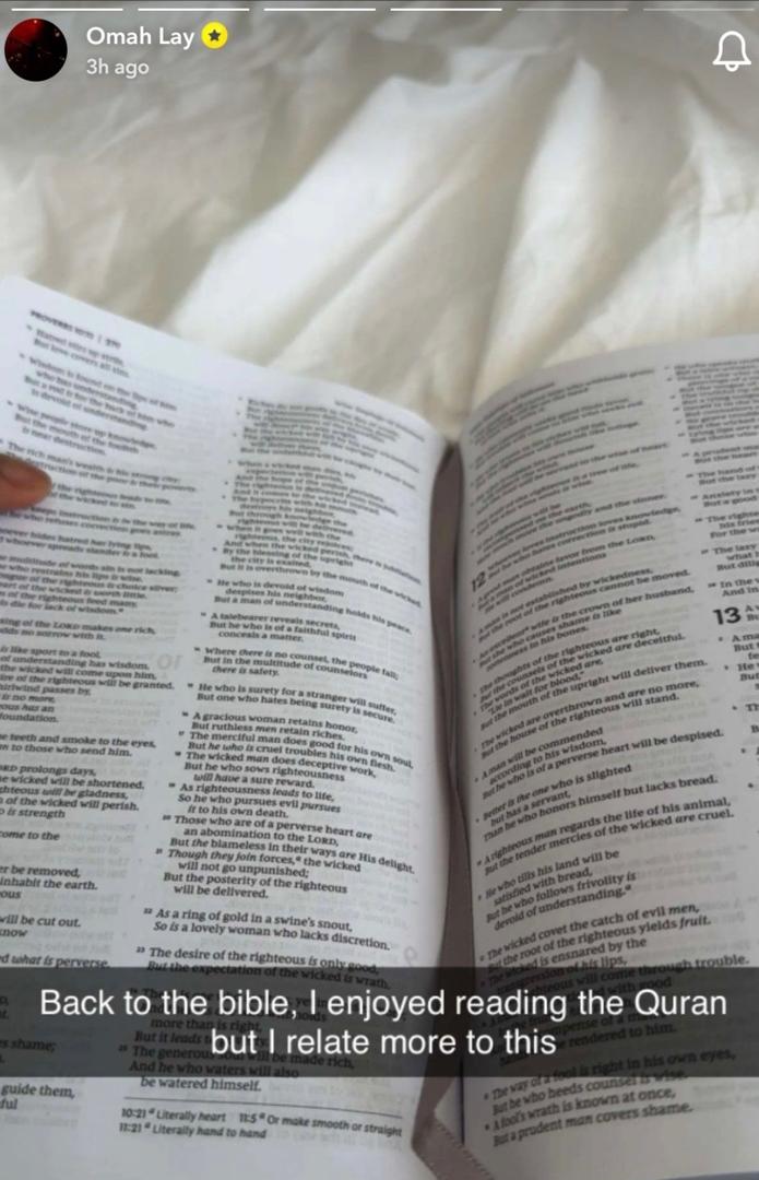 Omah Lay Returns To Christianity From Islam, Says He Relate More With Bible Than Quran
