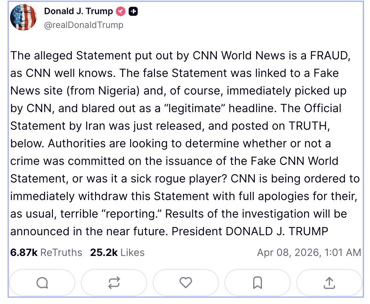 "Fake News From Nigeria" - Trump Slams CNN Over Report On Iran-US Ceasefire Deal 2 "Fake News From Nigeria" - Trump Slams CNN Over Report On Iran-US Ceasefire Deal