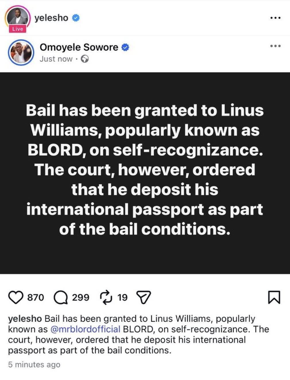 BLord Granted Bail On Self Recognizance - Sowore