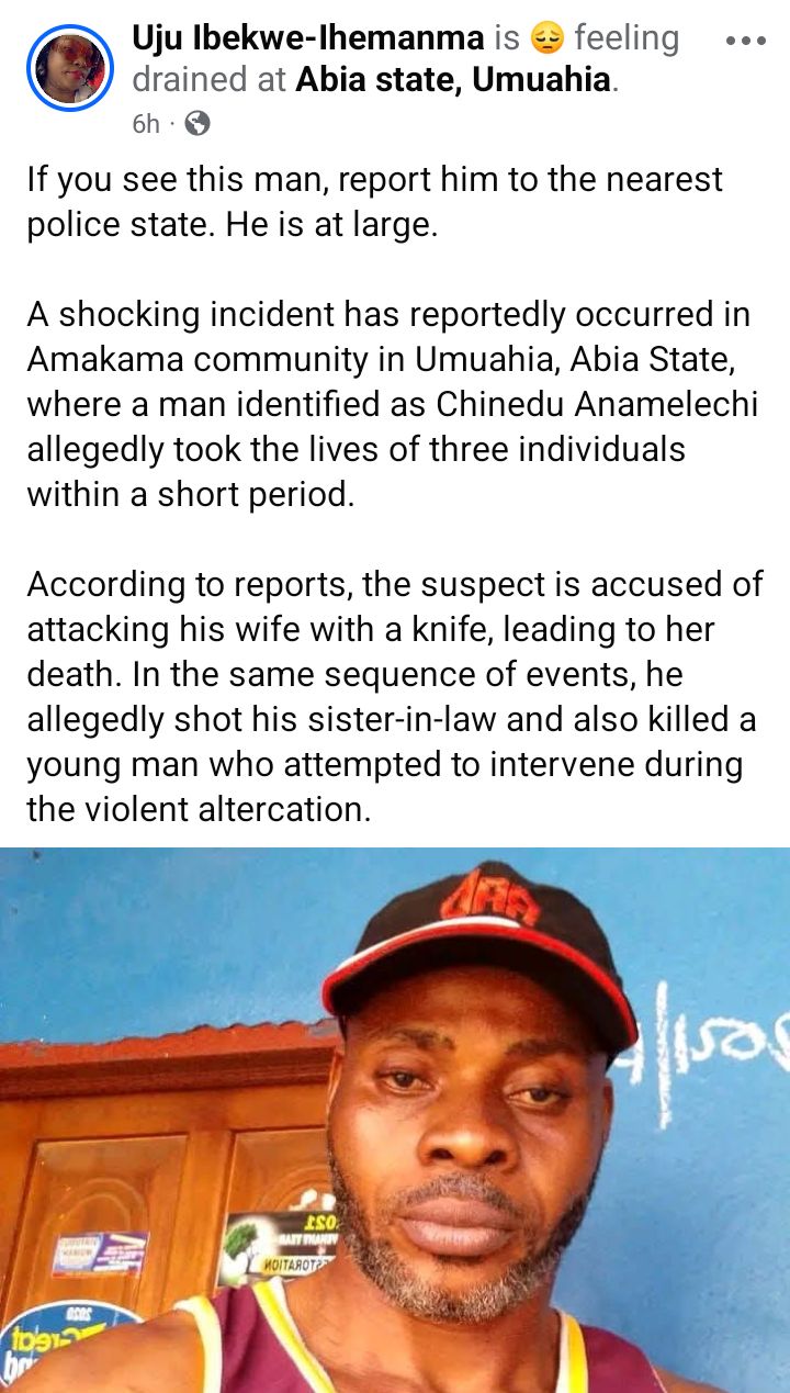 Man Stabs Girlfriend, Kills Her Sister And Shoots Another Victim In Abia Community