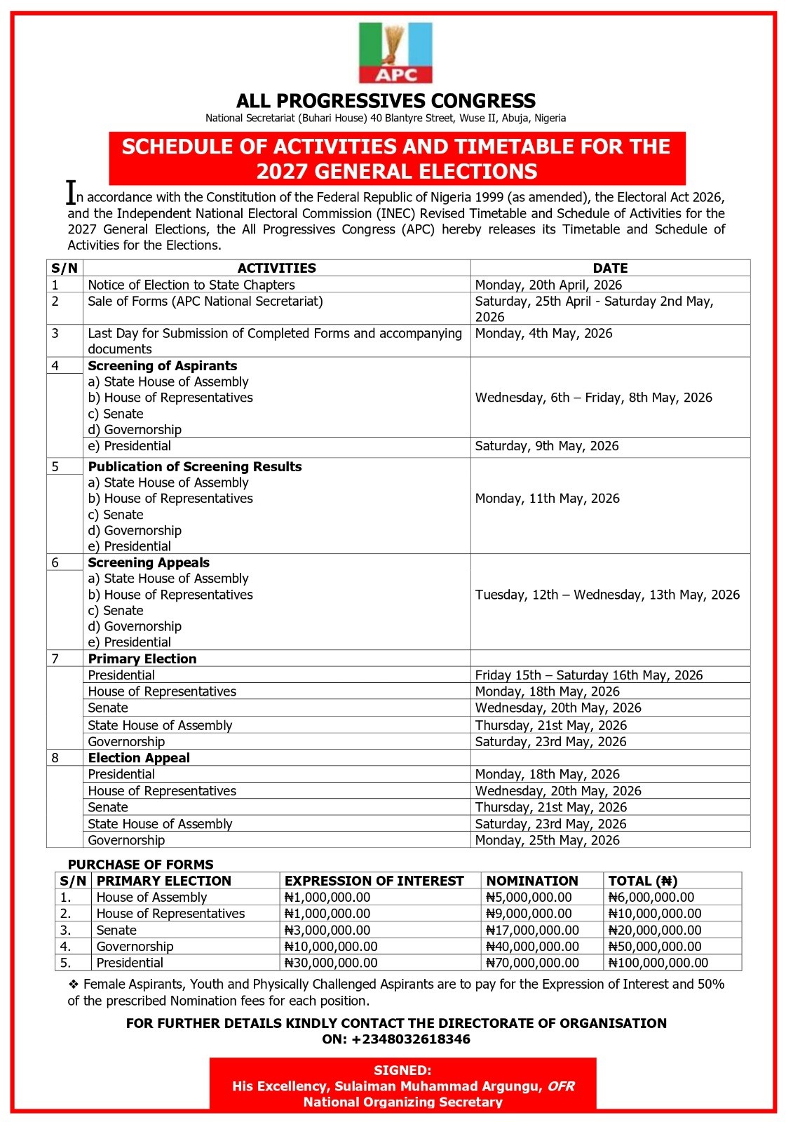 2027 Election: APC Announces Dates For Primaries, Pegs Presidential Form At ₦100m