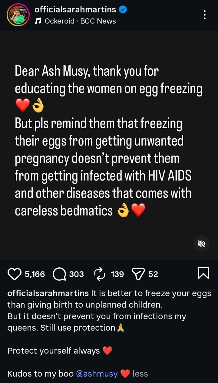 "Freezing Your Eggs Doesn’t Prevent You From Getting Infected With HIV/AIDS" - Sarah Martins Tells Ashmusy