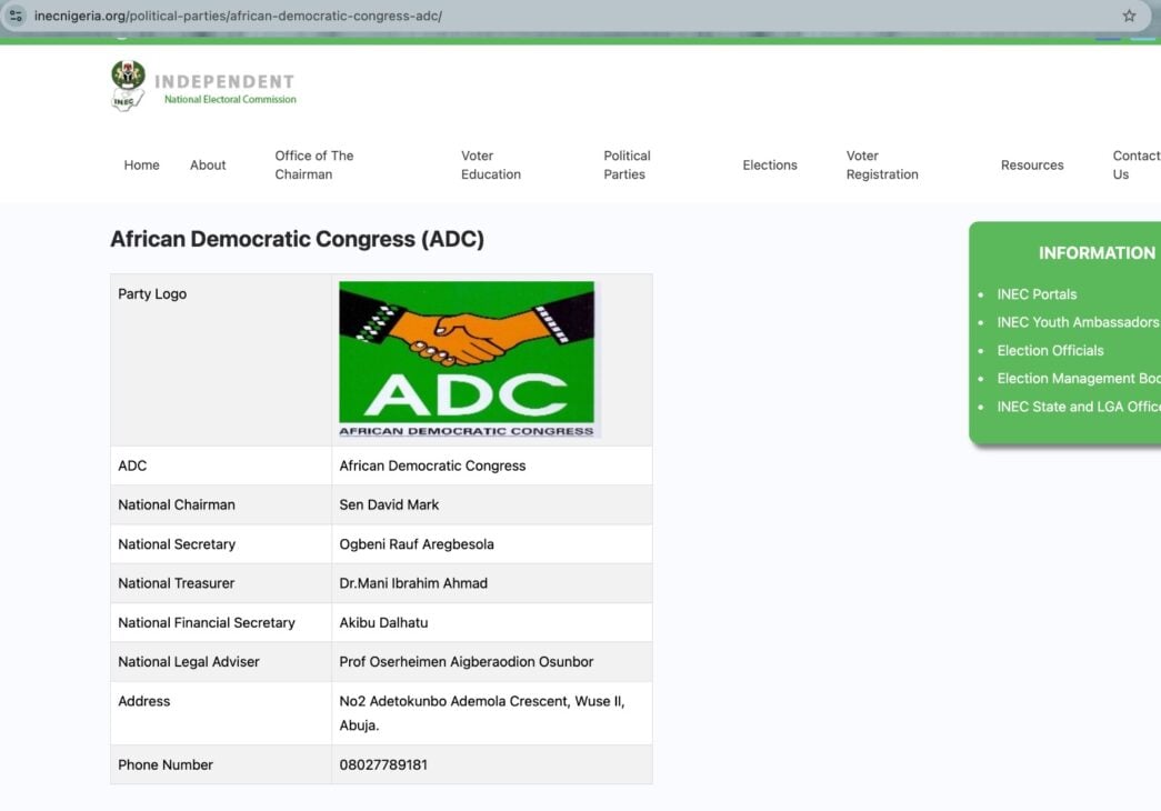 INEC Restores David Mark-Led ADC Leadership On Website After Supreme Court Ruling