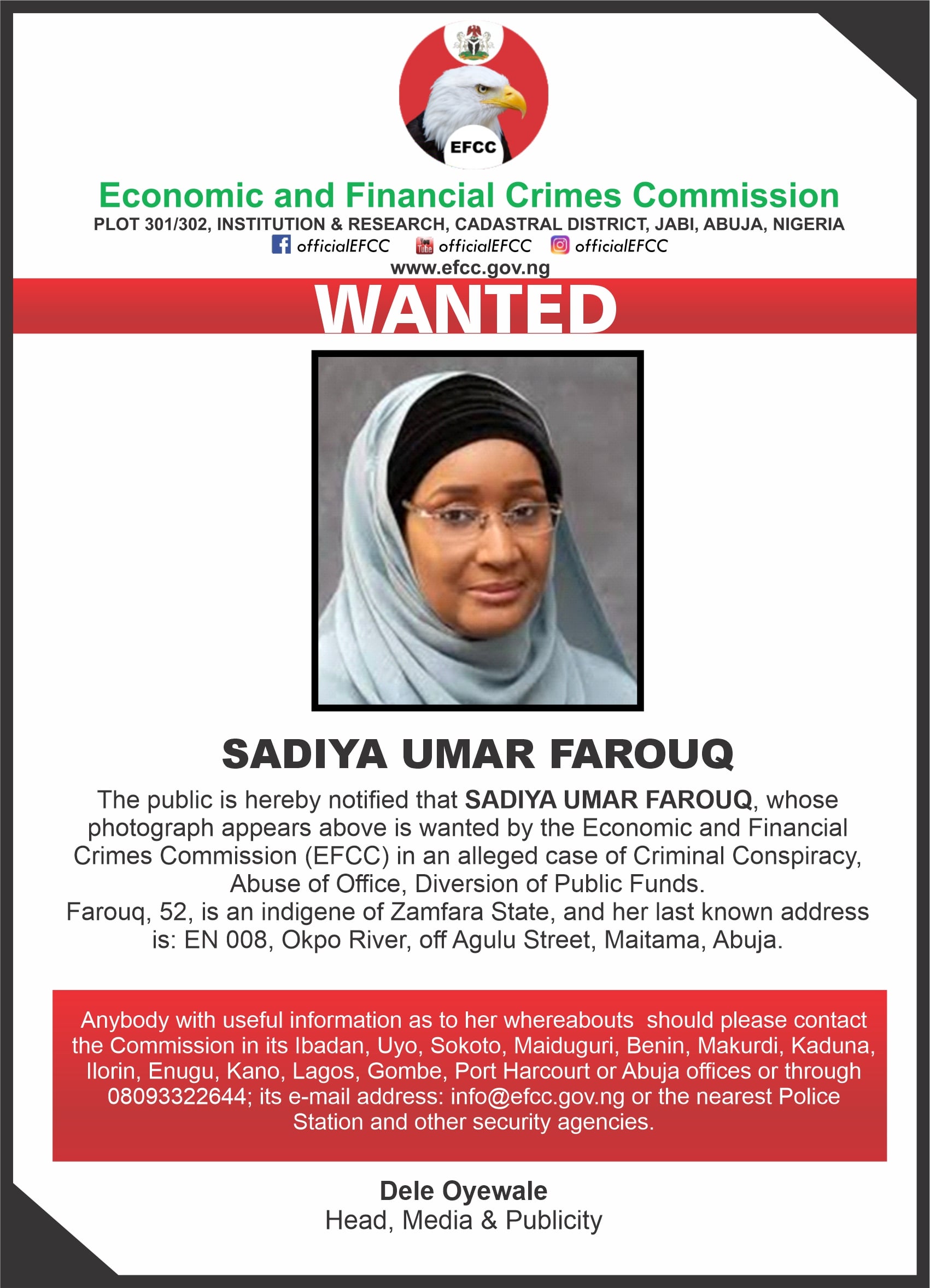 EFCC Declares Ex-Minister Sadiya Umar Farouq Wanted Over Alleged Fraud