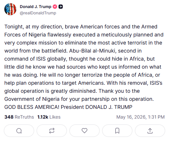 Trump: US And Nigerian Forces Kills ISIS Senior Commander, Abu-Bilal al-Minuki