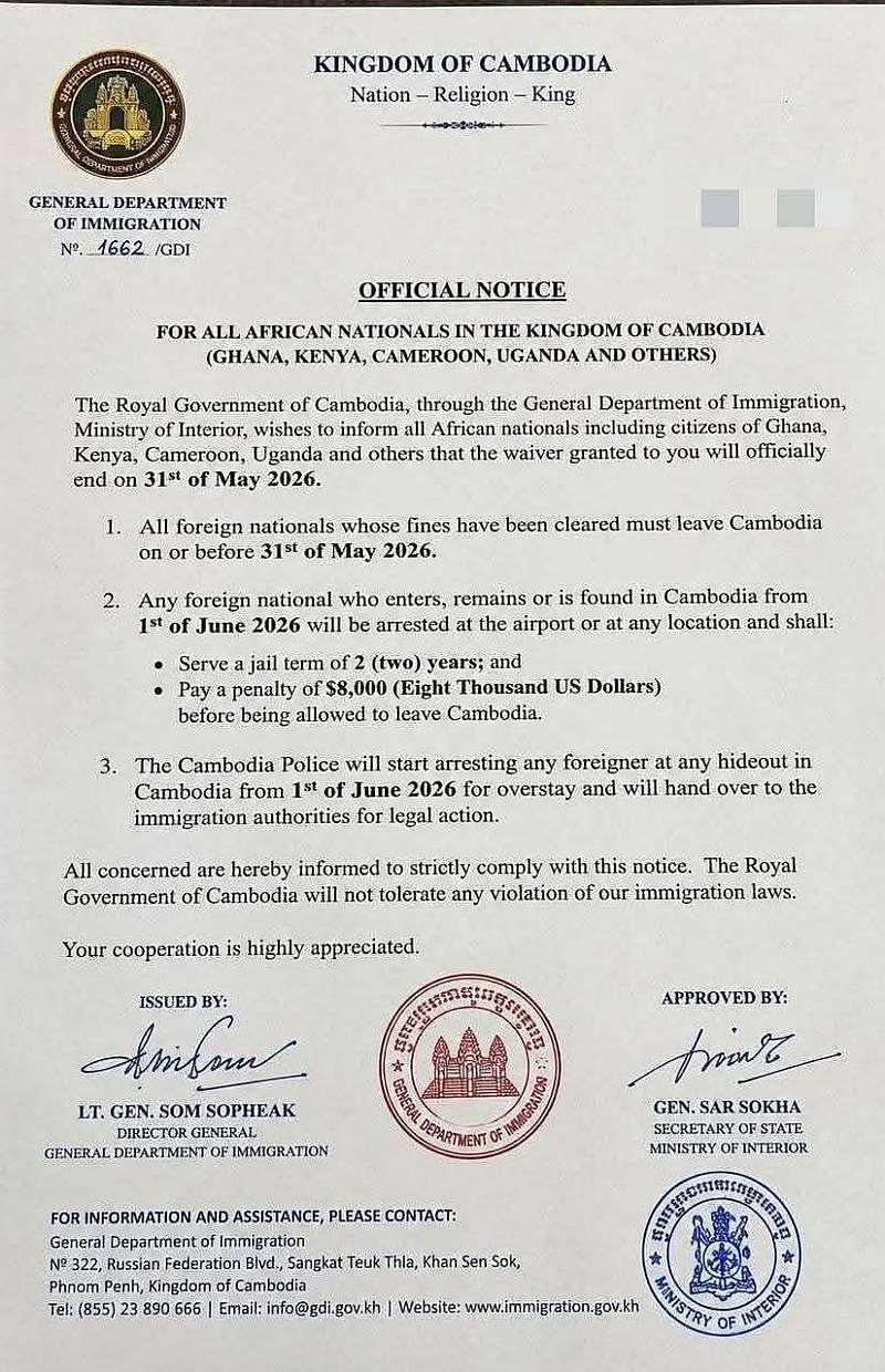 Cambodia Orders African Nationals To Leave Or Risk Jail And $8,000 Fine 6 Cambodia Orders African Nationals To Leave Or Risk Jail And $8,000 Fine