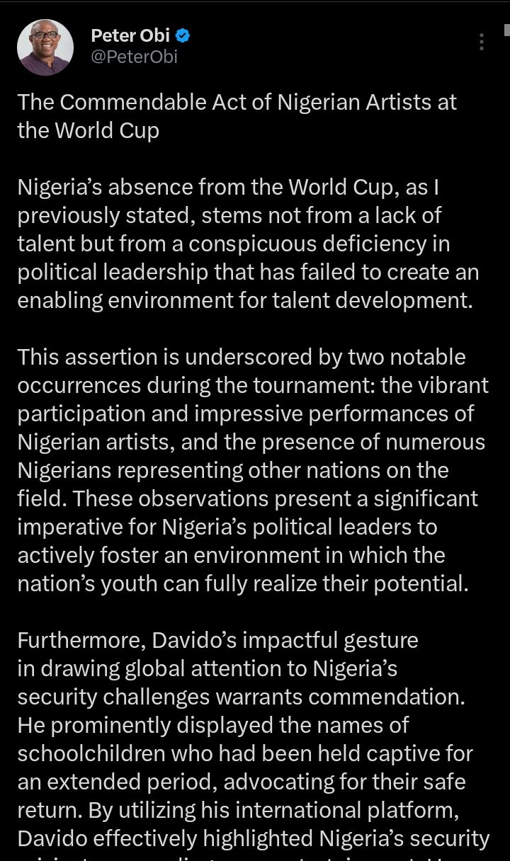 Peter Obi Commends Davido For Wearing 'Bring Them Home' Outfit At World Cup 6 Peter Obi Commends Davido For Wearing 'Bring Them Home' Outfit At World Cup
