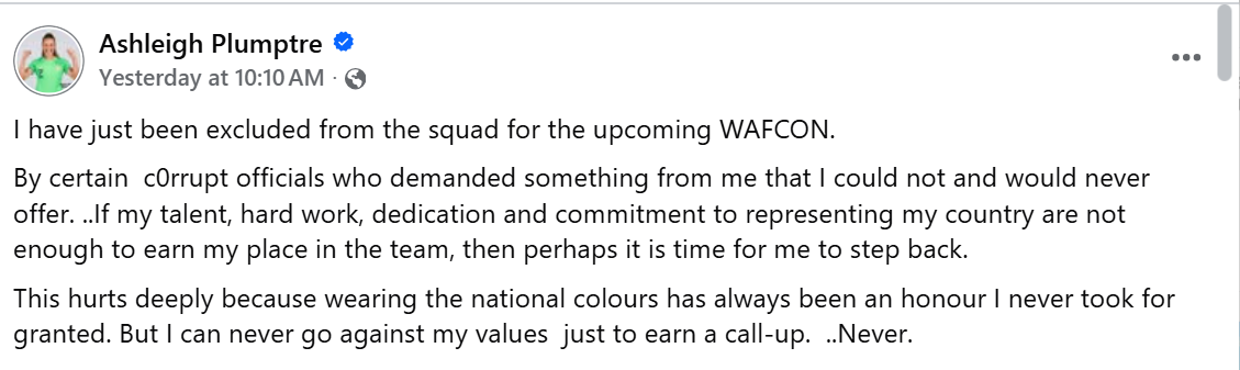 Ashleigh Plumptre Denies Accusing NFF Officials Of Demanding Bribe Over WAFCON Omission 10 Ashleigh Plumptre Denies Accusing NFF Officials Of Demanding Bribe Over WAFCON Omission