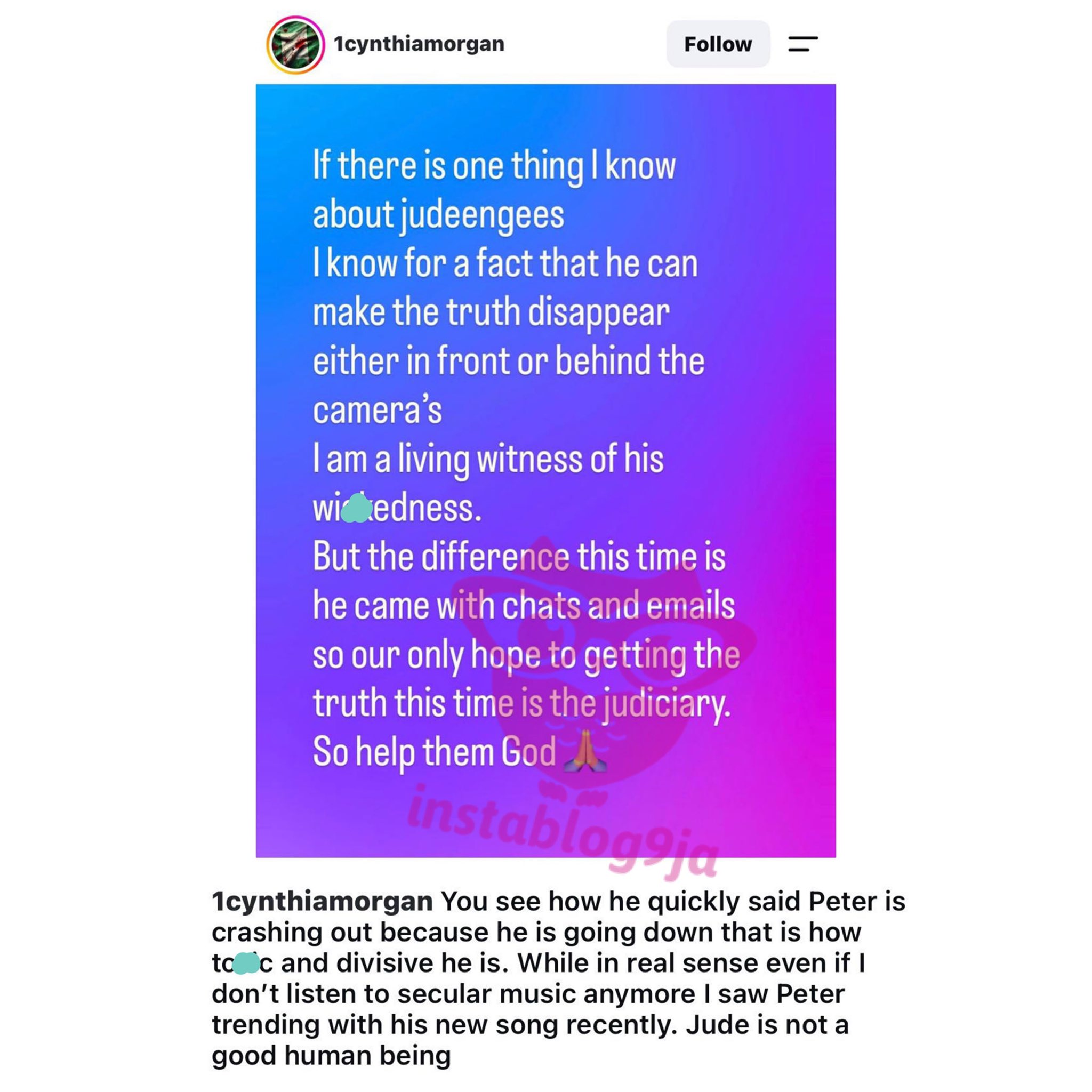 "I’m A Living Witness Of Jude Okoye's Wickedness" — Cynthia Morgan Backs Peter Okoye 6 "I’m A Living Witness Of Jude Okoye's Wickedness" — Cynthia Morgan Backs Peter Okoye