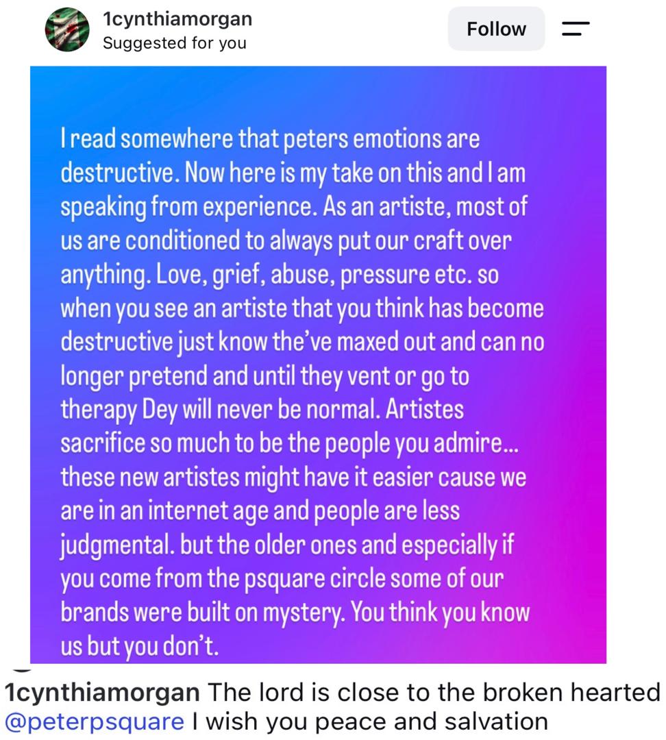 Cynthia Morgan Defends Peter Okoye After He Was Accused Of Being Destructive 6 Cynthia Morgan Defends Peter Okoye After He Was Accused Of Being Destructive