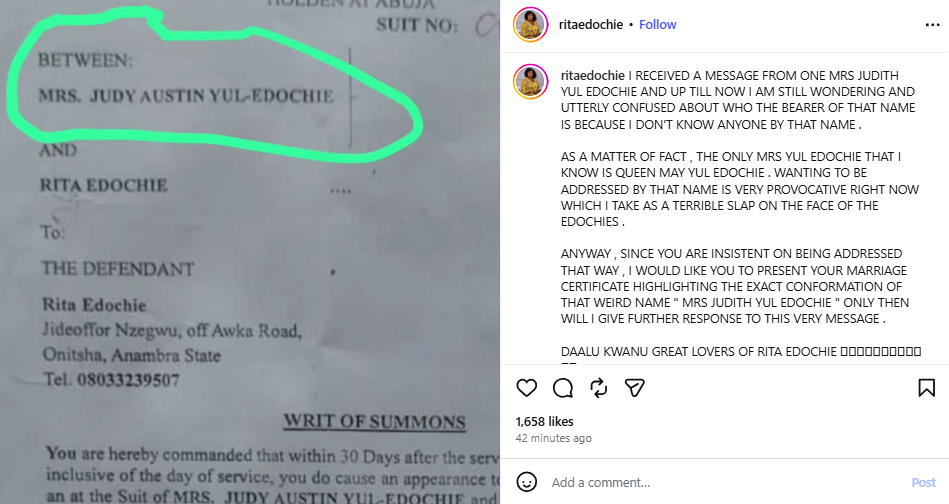 N1bn Lawsuit: Rita Edochie Replies Judy Austin, Says “Only Queen May Is Mrs Yul Edochie” 6 N1bn Lawsuit: Rita Edochie Replies Judy Austin, Says “Only Queen May Is Mrs Yul Edochie”