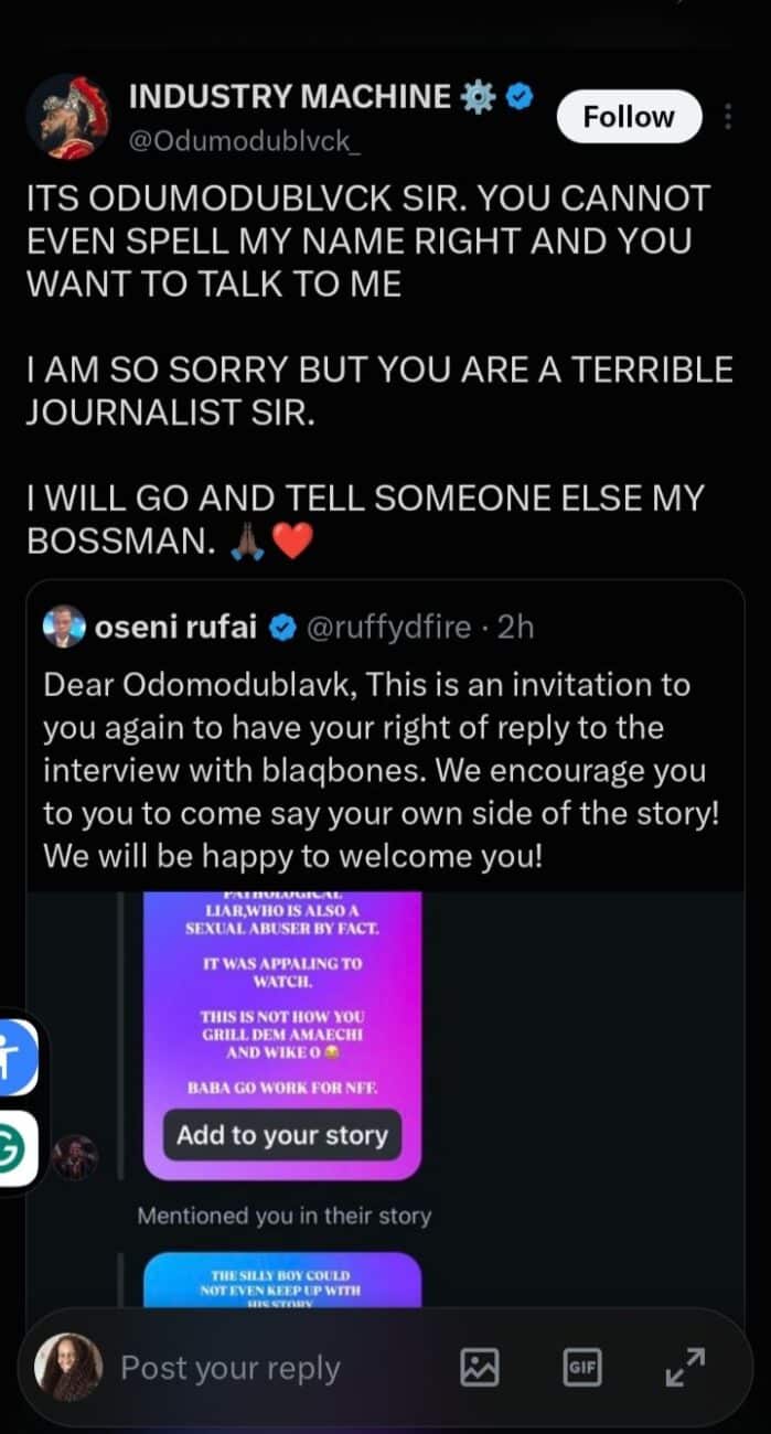 “You're A Terrible Journalist” – Odumodublvck Drags Oseni Rufai Over Interview With BlaqBonez